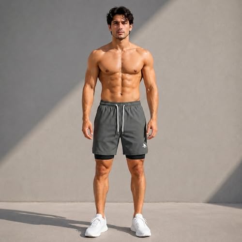 Image of Boldshark Men's 2-in-1 Running Shorts with Inner Compression Layer, Quick-Dry Sports Shorts with Phone Pocket for Gym, Running & Training