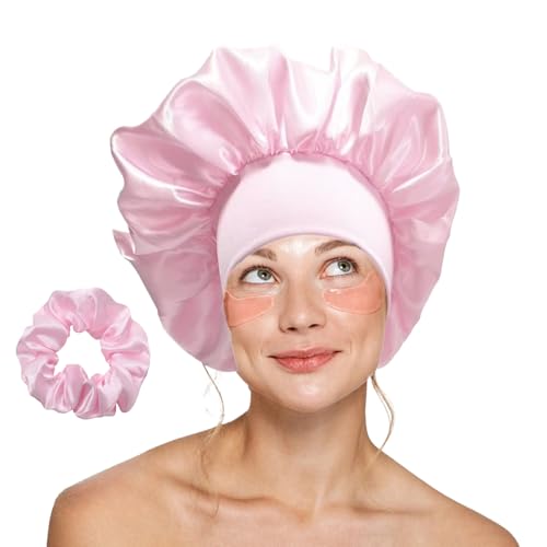 Lxtness Seidenhaube,Rosa Seidenhaube Verstellbar Haarhaube mit Rosa Satin Haargummis,rutschfeste seidene Kopf- und Haarabdeckung, Nachtmütze für lockiges Haar mit elastischem Band