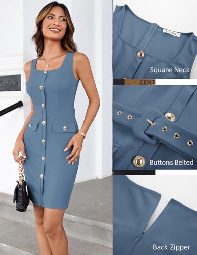 Image of GRACE KARIN 2025 Women's Buttons Belted Square Neck Business Work Dress Sleeveless Bodycon Midi Dress