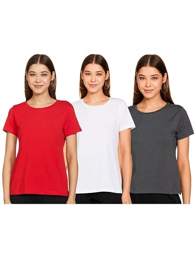 Amazon Brand - Symbol Women's Solid Regular Fit Half Sleeve T-Shirt (SYMAW19RN22_Anthra & White & Red_L) (Combo Pack of 3)