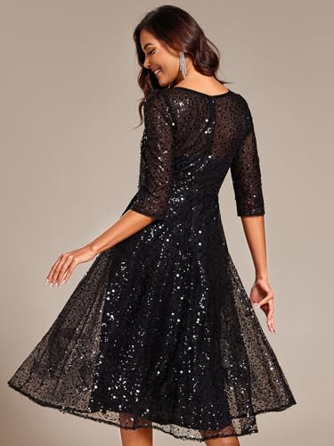 Ever-Pretty Women's Round Neck 3/4 Sleeves Formal Dresses Sequin A Line Midi Wedding Guest Dress 022412