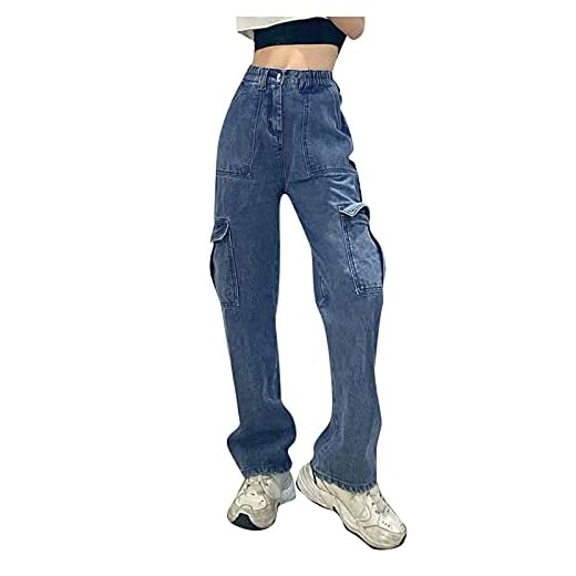 Eauptffy Byxor dam jeans mode hög midja raka ben denim byxor kvinnor bekväma pojkvän-jeans fritidsbyxor retro Y2k byxor Harajuku-byxor raka byxor slim fit sweatpants streetwear, Blau1, L