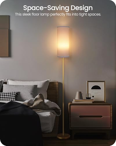 Image of Dimmable Floor Lamp for Living Room with Remote and Foot Switch, Corner Floor Lamp, 64.4'' Standing Tall Lamp, 10W 900LM LED Bulb Included, 3000K-6500K, Linen Shade, Gold White, FCC Listed DCW06LD05W1