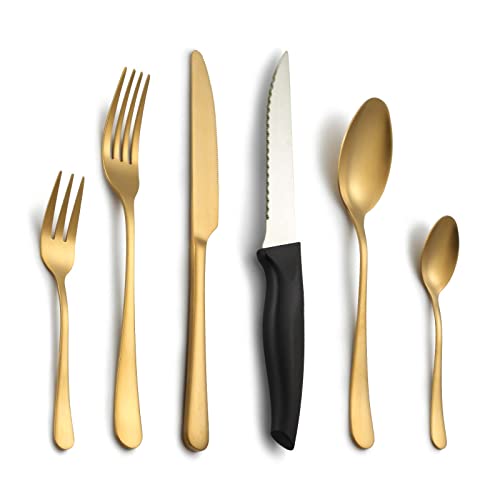 BEWOS Juego de cubiertos para 6 personas, juego de cubiertos de 36 piezas con cuchillos para carne, juego de cubiertos de titanio dorado que incluye cuchillo, tenedor, cuchara (oro mate) Cover