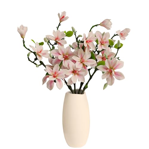 cn-Knight 4pcs Magnolia Flowers Artificial, 22 Inch Faux Magnolia Stems with Buds and Leaves, New Desgin Premium Artificial Magnolia Branches for Home Decor Wedding, Light Pink