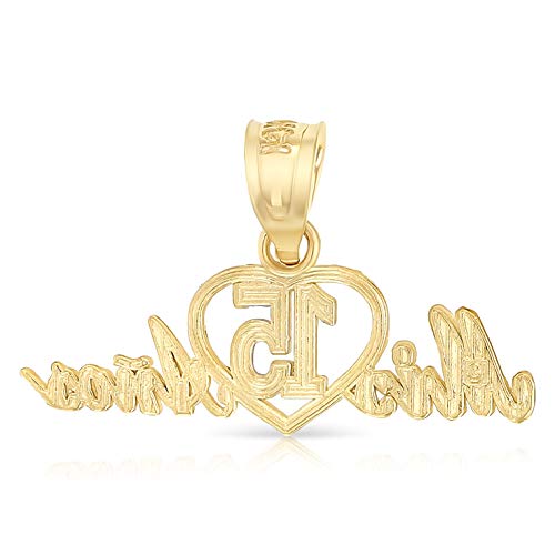 Ioka - 14K Two Tone Gold Sweet 15 Years Quinceanera Heart Mis 15 Anos Charm Small Pendant For Necklace or Chain2