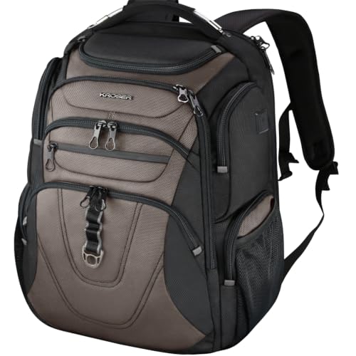 Image of KROSER TSA Friendly Travel Laptop Backpack 18.4 inch XXXL Gaming Backpack Water-Repellent College Daypack Business Backpack with RFID Pockets & USB Port for Men /Women-Black /Light Browm