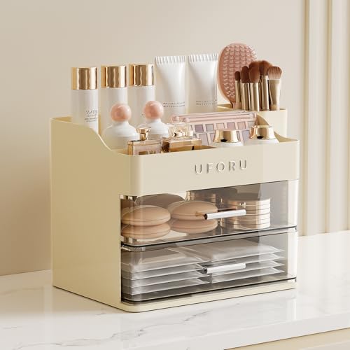 Image of UFORU Makeup Organizer for Vanity with Brush Holder, Countertop Skincare Organizer with 2 Drawers, Spacious Cosmetic Display Case for Perfumes, Eyeshadow Palettes, Nail Polishes