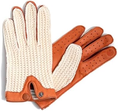 BERNIE Men's Premium Deer Leather Car Gloves with Touch Screen Function and Stylish Crochet Cover Karlsbader Leather Driving Gloves, Brown / White Fashion