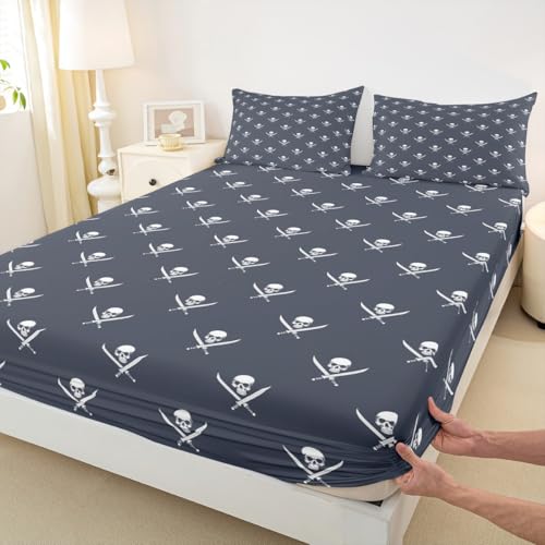 Gray White Pirates Fitted Sheet,Pirate Flags Nautical Decorative Bedding Set for Kids Teens Adults,Jolly Roger Human Skull Bed Cover with 2 Pillowcases(No Top Sheet),Queen Size 3 Pcs