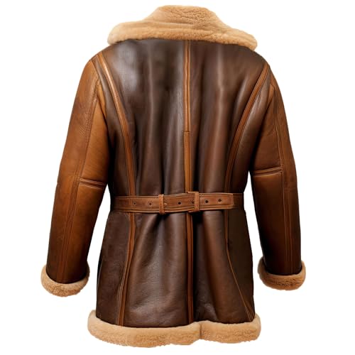Men’s Brown Sheepskin Aviator Coat - Sherpa Shearling Lined, Mid-Length, Winter Warm, Distressed Leather Outerwear2