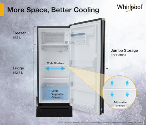 Image of Whirlpool 207 L 5 Star Icemagic Pro Inverter Glass Door Direct-Cool Single Door Refrigerator (230 IMPRO GD ROY 5S Inv CRYSTAL BLACK, Base Stand with Drawer)