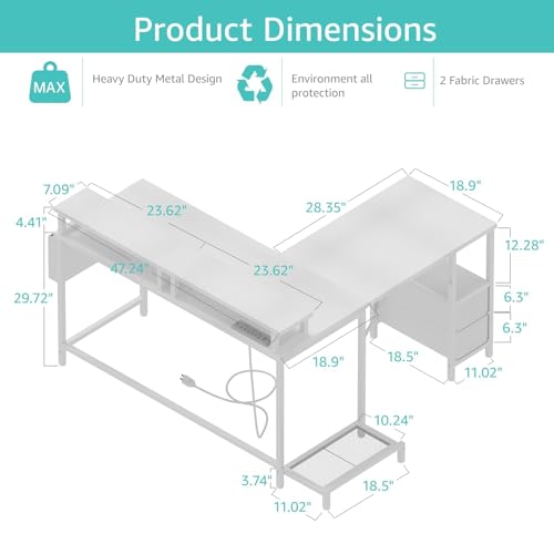 White L Shaped Computer Desk for Home Office with Monitor Stand and Fabric Drawers