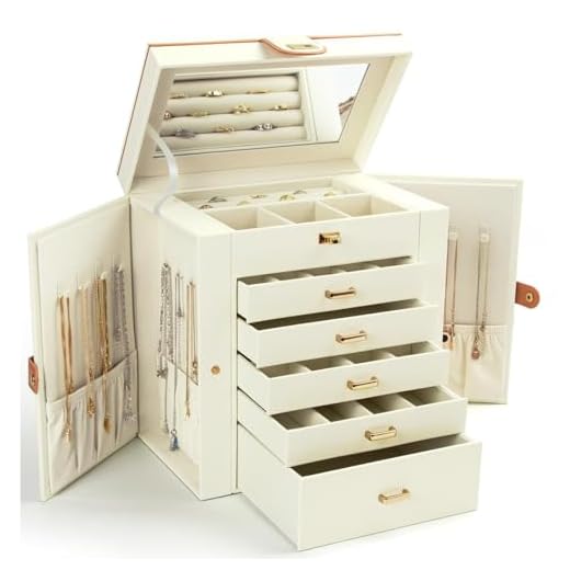 KAMIER 6-stöckiger Schmuckkasten aus edlem Naturholz mit luxuriösem Flanell und großem Spiegel – Geräumige Schmuckschatulle mit seitlich öffnenden Türen für Ringe, Ohrringe & Armbänder, Weiß