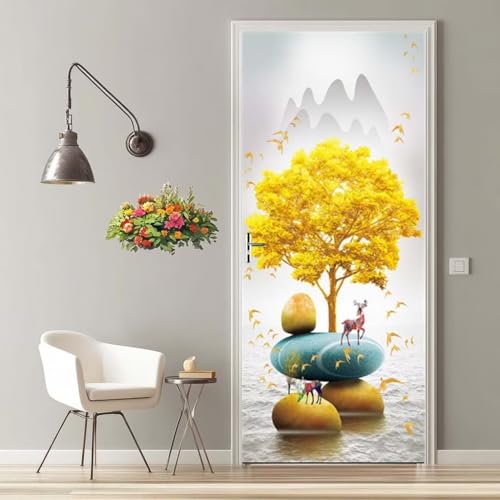 Vinilos Puertas 3D Árbol Dorado Paisaje Pegatinas Decorativas de Puerta Pegatina Pared Murales Adhesivo para Puerta para Interiores Sala de Estar Dormitorio Bano Decoración del Hogar 90X200cm -MT2340