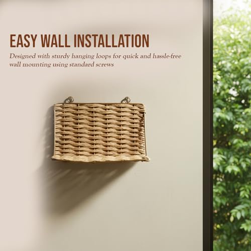 Image of PrettyKrafts Rattan, Wood & Metal Wall Shelf Storage Organiser | Decorative Wall Mounted Basket for Home & Office | Storage Basket for Clothes | Display for Plants, Frames, & Showpieces (25x13x8 cm)