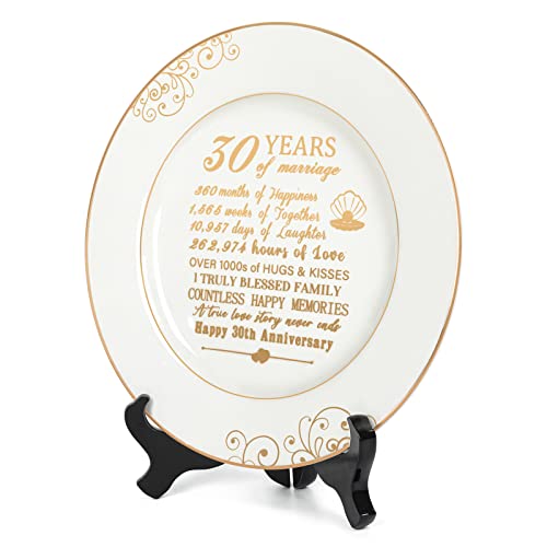 30th Anniversary Wedding Gifts for Wife-30th Anniversaty Plate with 24k Gold Foil,30 Year Aniversary Wedding Gifts Decorations for Couple Him Her Husband,Ceramic Plate with Stand 9 Inch