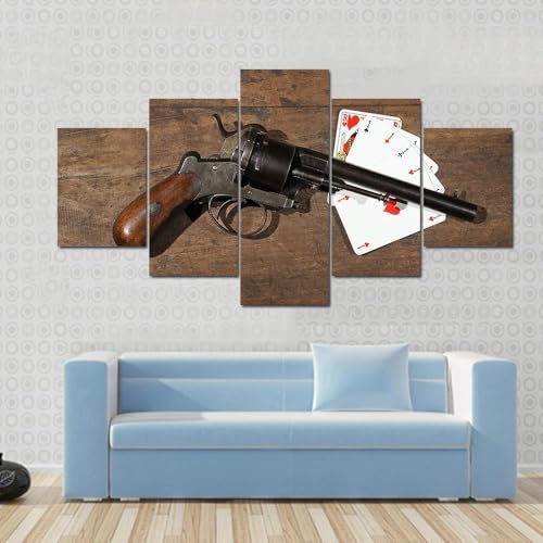 Décoration Murale Pour Salon Grande Toile 5 Parties Pistolet et Cartes Cadre Mural Maison