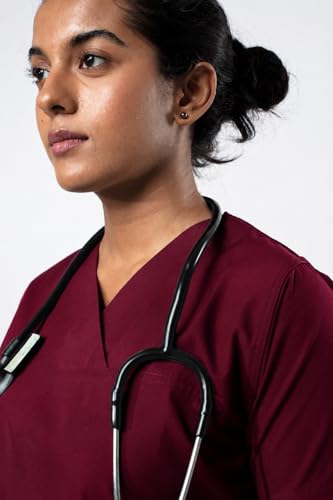 Image of UNIFORM CRAFT Women's 4 Pocket Scrub Suit Set | Medical Uniform | Cross V-Neck Poly Cotton | Short Sleeve Hospital Wear | Ideal for Doctors & Nurses (Burgundy, 3XL)