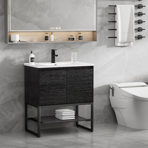 LUCKWIND 30" Bathroom Vanity with Sink Combo, Bathroom Storage Cabinet with Metal Frame, Matte Black Faucet, 1-Tier Open Shelf and 2 Soft-Closing Door, Black