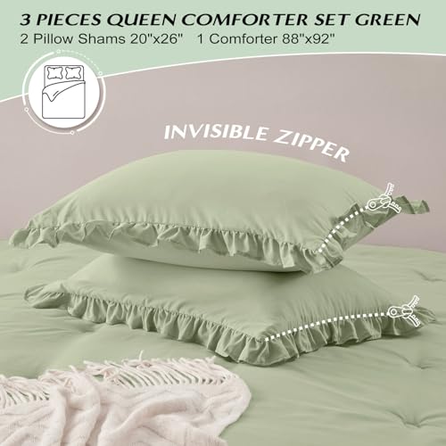 Image of HARBOREST Comforter Set Green - Fluffy Queen Ruffle Comforter Set for All Seasons, 3 Pieces Shabby Chic Bedding, Comforter and 2 Pillow Shams