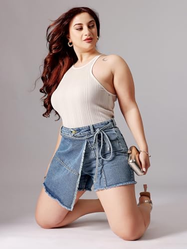 Image of Miss Chase A+ Women's Regular High Rise Mild Distress Regular Denim Skorts