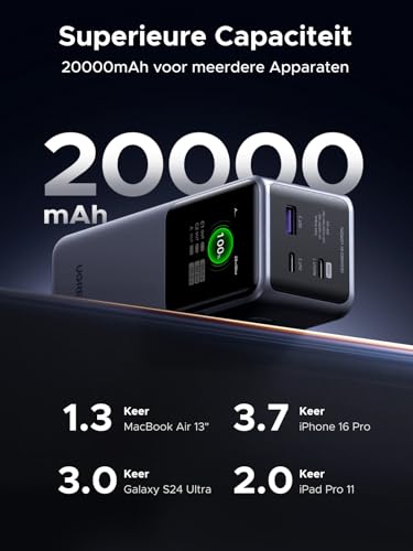 UGREEN Nexode Power Bank 20000mAh 130W met 3 poorten, externe accu met digitaal display, USB C PD 3.0, compatibel met iPhone 16/15/14 Pro Max, Galaxy S24 Ultra, Macbook Pro, Dell, meer - Afbeelding 4