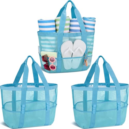 Image of Hillban Large Beach Mesh Bags Bulk for Women Beach Tote Bag with 8 Pocket Zipper Waterproof Sandproof for Pool Cruise Ship