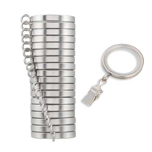 MODE Cambria Designer Series - Premium Easy Glide 18 Count Small Curtain Rings - Metal with Nylon Inserts and Clips - 1 inch Inner Diameter - use for rods 5/8 or Smaller - Brushed Nickel
