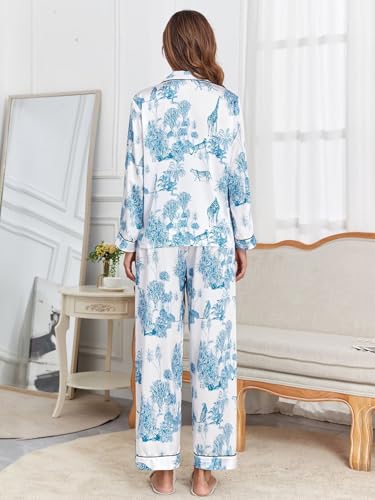 Image of Brosloth Women's Silk Satin Pajamas Pjs Sets Cute Lace Pattern Two Piece Loungewear Set Button Up Pajamas Sleepwear Black