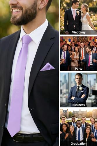 Image of HISDERN Mens Ties Solid Color Ties for Men Formal Necktie with Pocket Square Set Satin Silk Neck Tie Handkerchiefs Set