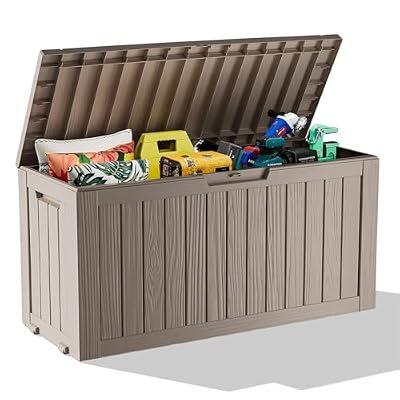 ROJIK Outdoor Storage Housing Deck Box - Waterproof Patio Furniture, Garden Tools, Cushions, Pool Accessories Storage Bench with Lockable Lid and Side Handles (Grey 75 Gal)