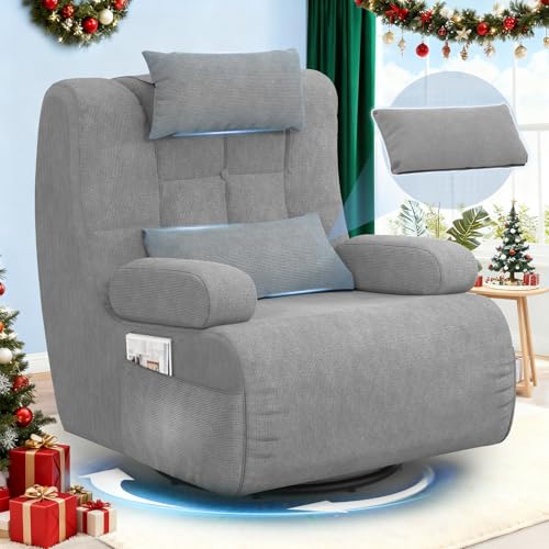 Gegcucey Sillon, 360° Sillón Giratorio con Reposacabezas, Almohada de Respaldo y 2 Bolsillos Laterales, Moderno Sillón Tapizado de Gran Tamaño, Butaca para Salón(Gris Claro)