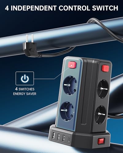 Steckdosenleiste mit 4 USB, Sameriver 8 Fach Mehrfachsteckdose Überspannungsschutz, Steckdosenleiste Steckdose mit Schalter, 3M Verlängerungskabel,Steckdosenturm Mehrfachstecker für Zuhause,Büro – Bild 3