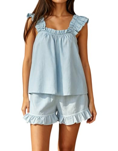 Image of Womens Summer 2 Piece Set Fashion Ruffle Trim Cami and Casual Shorts Set Cotton Pajama Sets