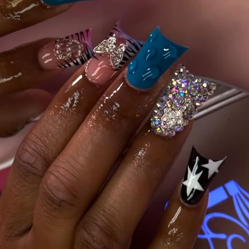 Image of Blue Press on Nails Star Fake Nails Duck Nail Press ons with Rhinestone Butterfly Charms Design French Tip Summer Stick on Nail for Women Manicure 24Pcs