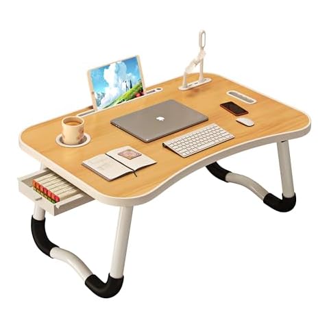 UNICOO® Foldable Laptop Stand Lap Desk with USB Charge Port | Portable Laptop Stand for Desk, Bed & Couch | Lap Desk with Cup Holder & Tablet Slot, Side Drawer | Ideal for Home & Office (Maple) Cover