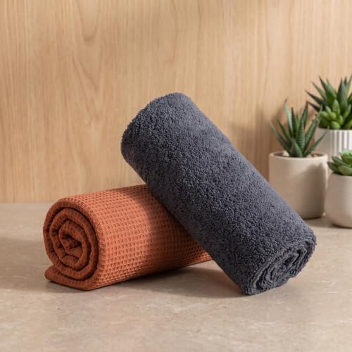 Image of Mush Bamboo Dual Texture Waffle Terry Hand Towel Set of 2 | Ultra Soft, Highly Absorbent, Quick Dry | Hand Towels for Bathroom, Gym & Travel (40x60 cm, 450 GSM) Charcoal Grey & Burnt Orange