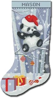 Cross Stitch Kits for Adults, Stamped Personalized Christmas Stockings, Cute Xmas Panda, Needlepoint Counted Easy Simple Cross-Stitch Patterns for Beginners, Embroidery Kit for Holiday Home Decor DIY