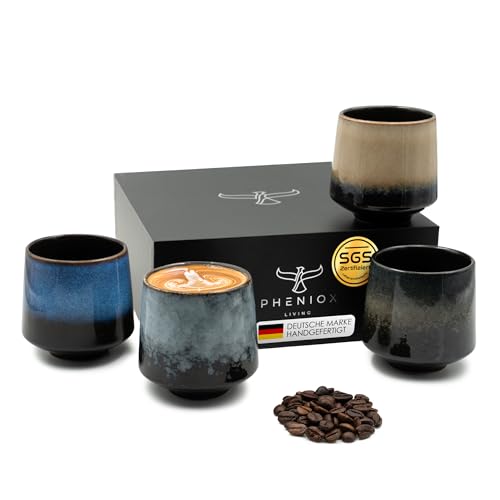 Pheniox Cappuccino Tassen Set Infinity | 4 x 220 ml - hochwertige Tassen aus Porzellan | Kaffeetassen Set - ohne Henkel | Geschenk in modernem Design - spülmaschinenfest | Tee