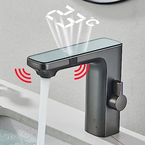 Grifo automático con sensor y pantalla de temperatura de latón gris para lavabo 7