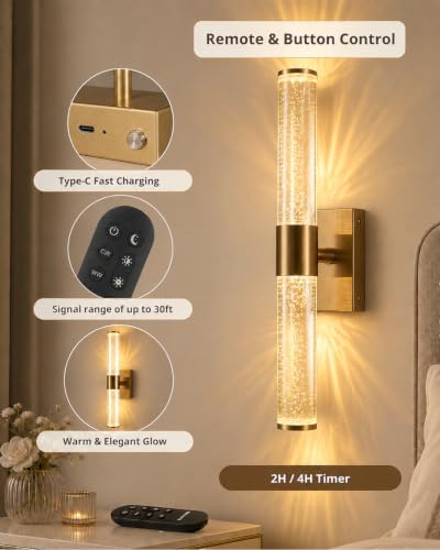 Image of Wall Sconces Set of Two,Guwikou Battery Operated Wall Sconce with 16000mAh Large Capacity,Screw-Mounted,USB-C Charging,Smart Auto, 30ft Remote abd 5 Brightness,for Bedroom Living Room Decor-15.8 Inch