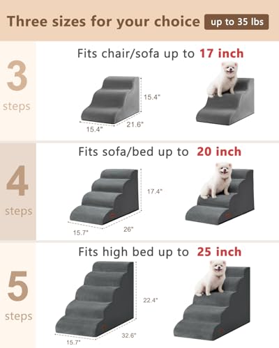 Image of Aodisman Dog Stairs for High Beds,5 Step Pet Ramp for Dogs and Cats,22.4 inch H | High-density foam dog steps for beds and window sills, with a non-slip bottom for puppy and older cat,comfortable,Grey