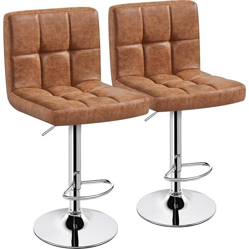 Yaheetech Bar Stools Set of 2, PU Leather Swivel Barstools, Height Adjustable Counter Chairs, Modern Stools with Back for Bar Kitchen Island Dining Room, Retro Brown