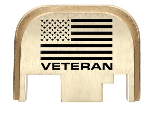 NDZ Performance Rear Slide Cover Back Plate for Gen 1-4 Glock 17 19, 9mm .40 .357 .45, Custom Black Laser Engraved Images on Brass, Made in the USA - US Flag Veteran Text