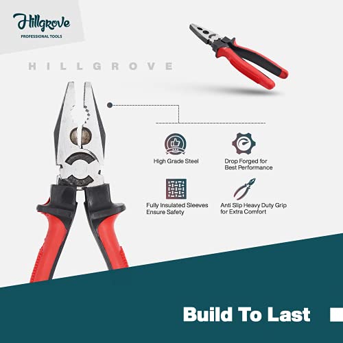 Image of Hillgrove HGCM148M1 8 inchinch Heavy Duty Grip Combination Pilash Hand Tool Lineman Plier with Wire Cutter, Line Tester and 2in1 Screwdriver