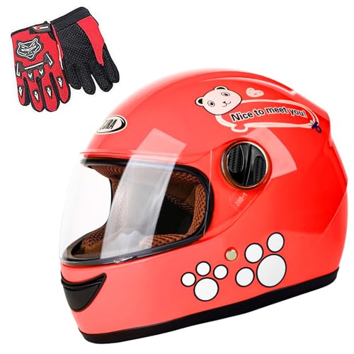 Kids Motorcycle Helmet with Panda Design and Racing Gloves Set DOT Certification (Red)