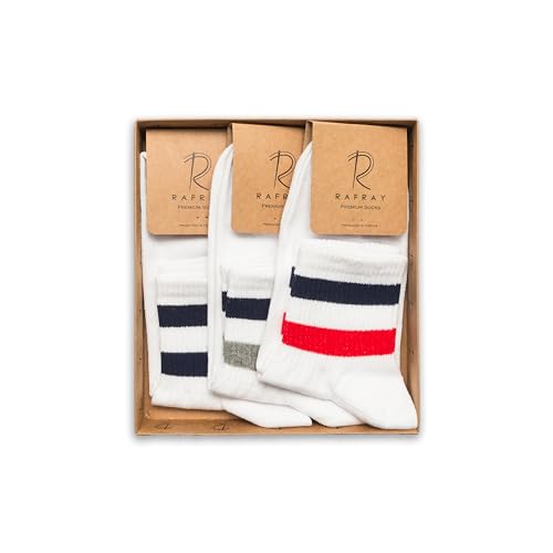 RAFRAY Athletic Ankle Socks Quarter Length, Premium Sports Socks Sriped, White, 3 Pairs, Size 7-11.52