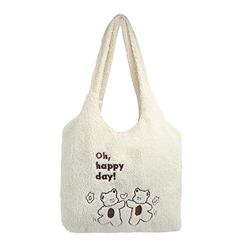 MEGAUK Women Faux Fur Tote Bag Girls Cute Bear Fluffy Shoulder Bag Plush Bag For Shopping Dating, Bear Toast White