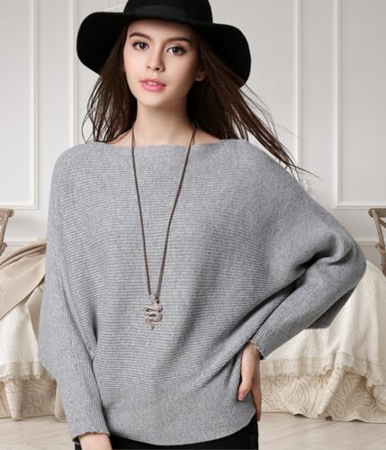 Image of FULIER Women Oversized Boat Neck Batwing Sleeves Dolman Knitted Sweaters Lightweight Pullovers Tops One Size